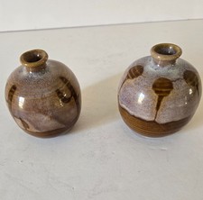 2 Pottery Incense Holders or Vases Beige & Brown 3" Tall