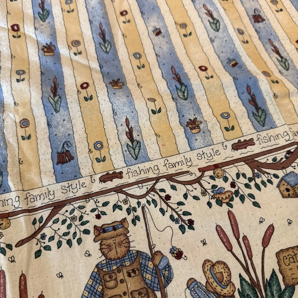 Cats Family Fishing Farm Country Peace Creek Border Cotton Fabric Kittens 1996 - Image 3 of 4