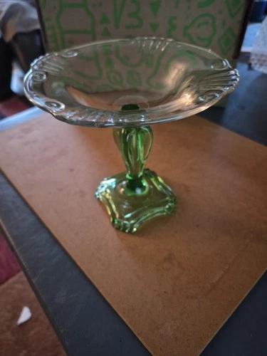 1930’s Clear And Green Uranium Depression  GLASS Compote