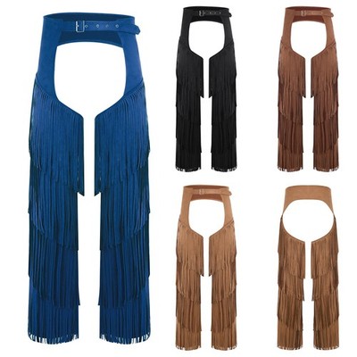 Men's Tassel Vintage Cowboy Chaps Layered Fringe Assless Yoke Split Riders Pants
