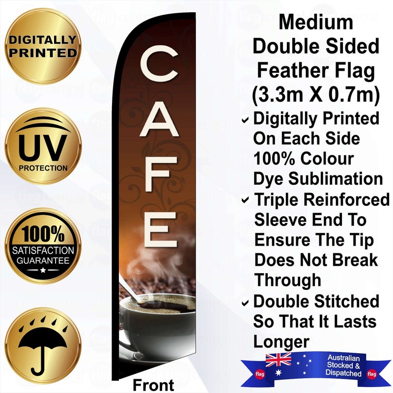 F - CAFE Deluxe Double-Sided Brown 4m Feather Flag / Banner Kit with Pole Set, Galvanised Steel Ground Spike, Steel Outdoor Cross Base, Free 15kg Water Bag and a Free Carry Bag - 1