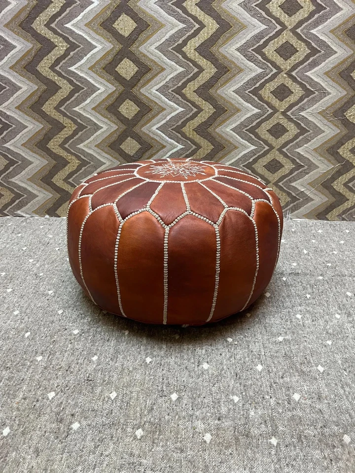 Handmade Moroccan Leather Pouf Ottoman: Boho Footstool, Meditation Cushion - Image 4 of 4