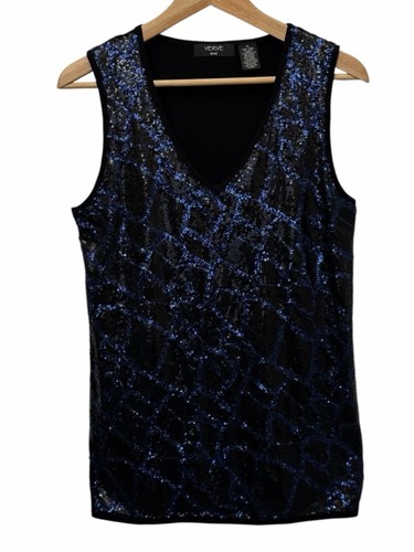 AMI, Verve Ami Women Black Blue Sequin V-Neck Sleeveless Stretch Knit Top XL Party