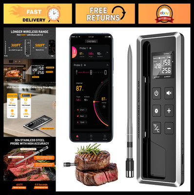 Wireless Meat Thermometer with Smart Timer & APP Control, 800ft Bluetooth BBQ Fo