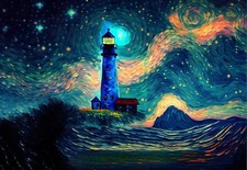 The Starry Lighthouse Watercolour Wall Art Print Poster Picture A3 A4 A5
