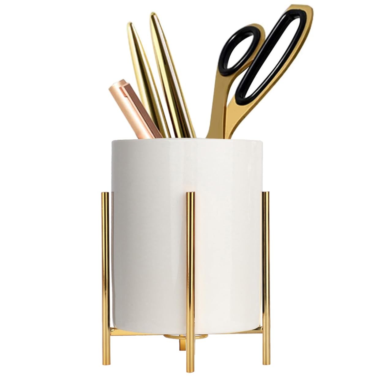 Cup Sturdy Metal Frame With White Ceramic Pen Holder For Des