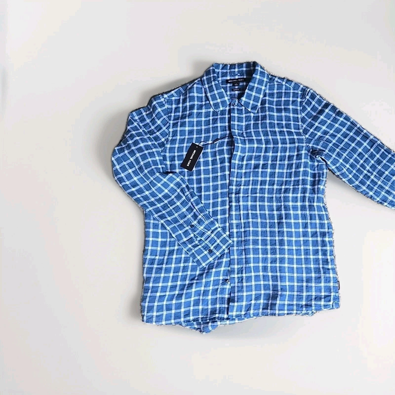 Men's Linen Shirt Long Sleeve Blue White window pane XL Michael Kors
