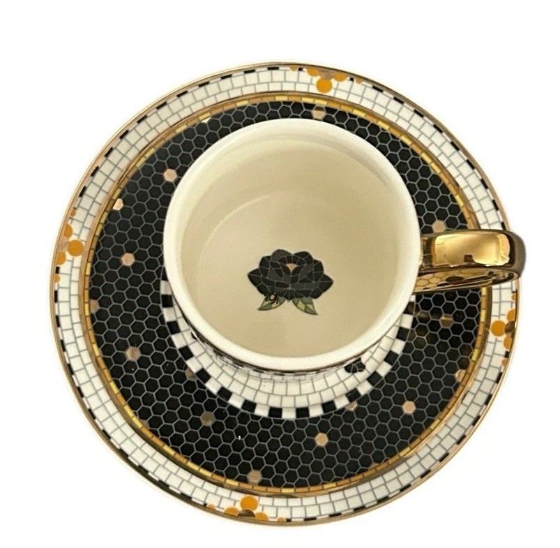 Anthropologie Bistro Tile Black Cats Espresso Cup Saucer Set NEW Halloween 5 oz