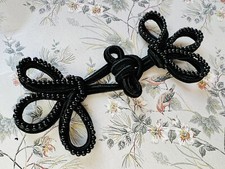 5 Pairs Large Vintage Beaded Chinese Knot Frog Button Fastener Satin Black 13cm