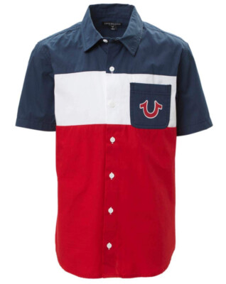 True Religion Red Blue Logo Color-Block Short-Sleeve Button-Up Boys 