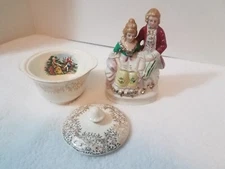 Vintage Courting Couple Sugar Bowl with Lid & Ceramic Couple Figurine