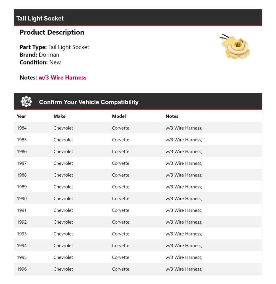 Enchufe de luz trasera para Chevrolet Corvette Dorman 1984-1996 1985 1986 1987 1988 Foto 2 de 4
