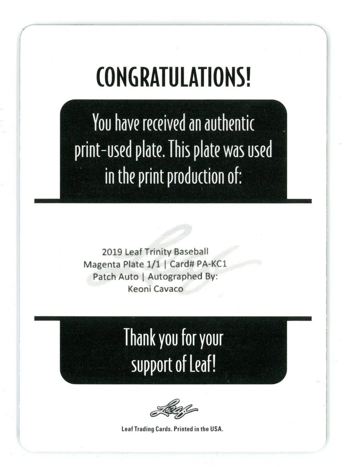 Keoni Cavaco 2019 Leaf Trinity Baseball Auto Magenta Printing Plate #1/1 TWINS - Image 2 of 2