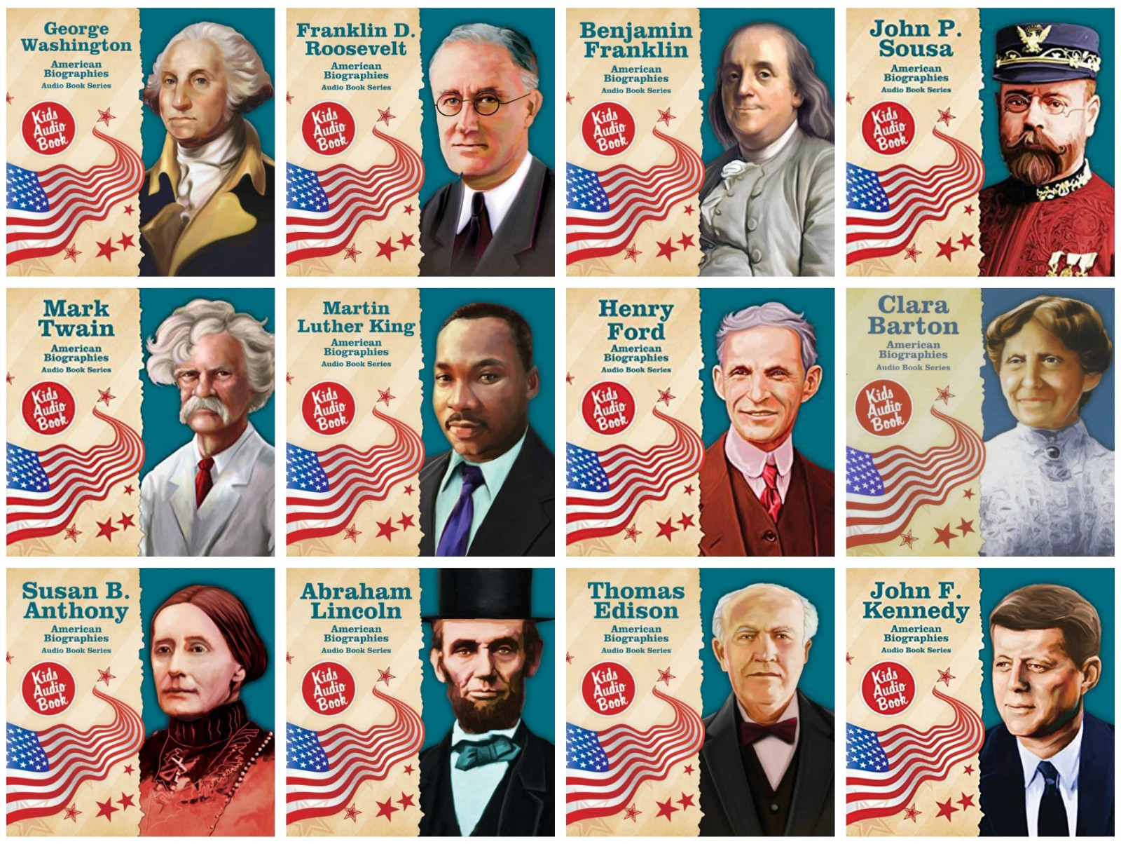 12 used audio books on CD lot kids US history JFK MLK FDR LINCOLN