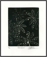 Sparkly DEW DROPS on GARDEN FLOWERS. Abstract Modernist MEZZOTINT Pencil Signed