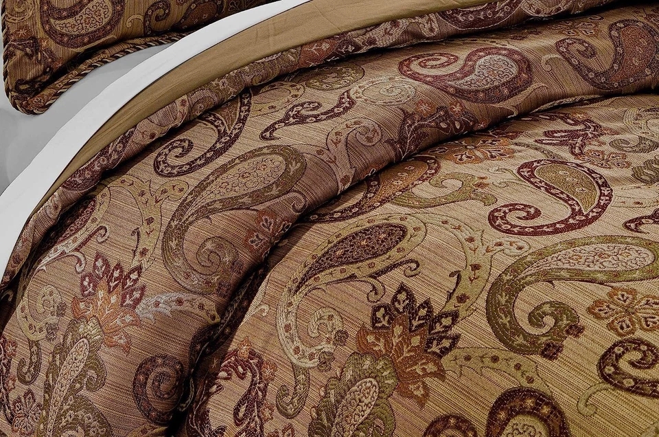 7-Piece Jacquard Bedding Ensemble Copper Brown Woven Paisley Comforter Set - Image 4 of 4