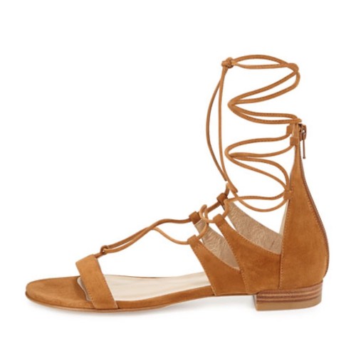 Stuart Weitzman Camel Suede Boho Lace Up Flat Sandals Zip Back Women’s Size 5 M - Picture 2 of 18