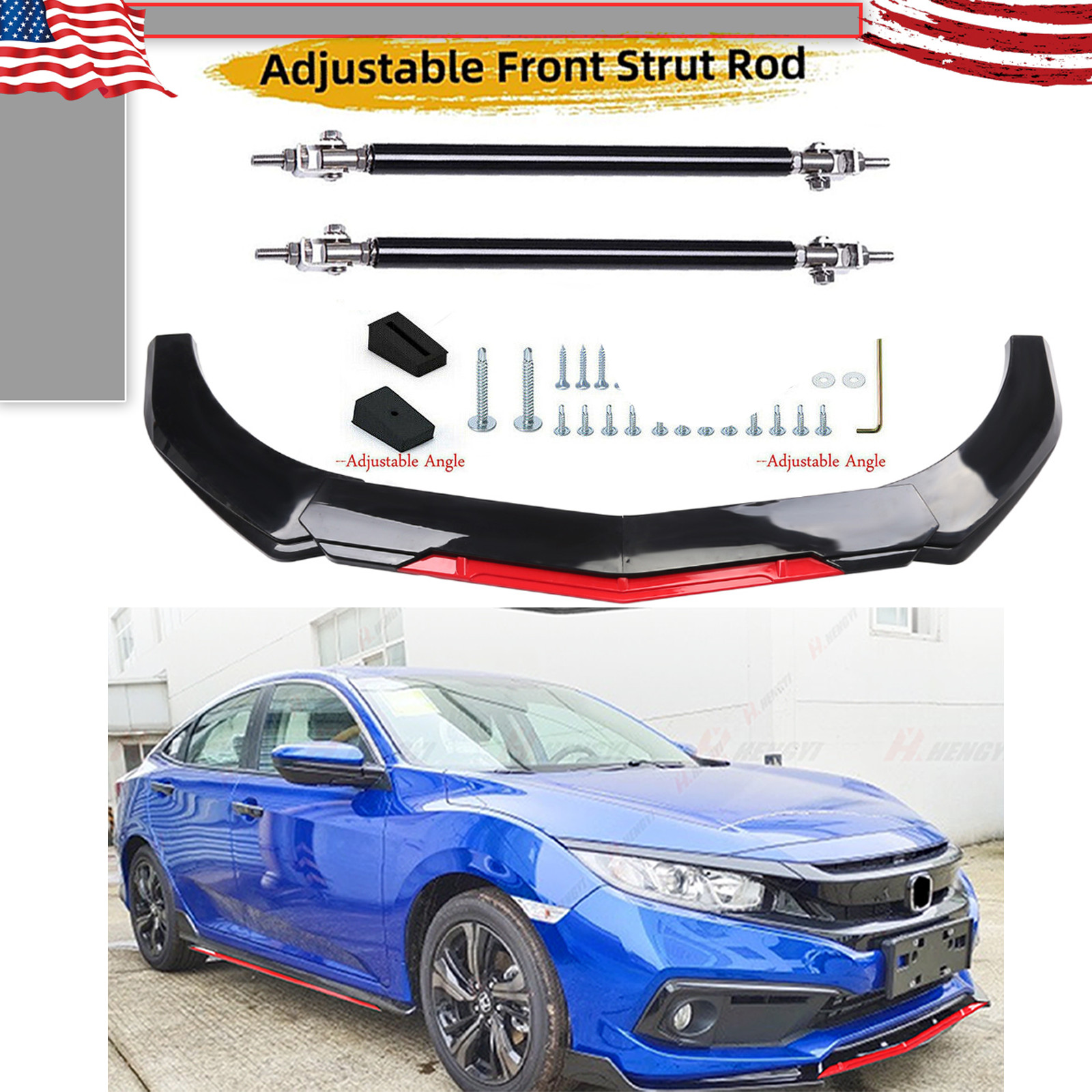 Front Bumper Lip Spoiler Splitter Body+Strut Rods Glossy Black For Honda Civic