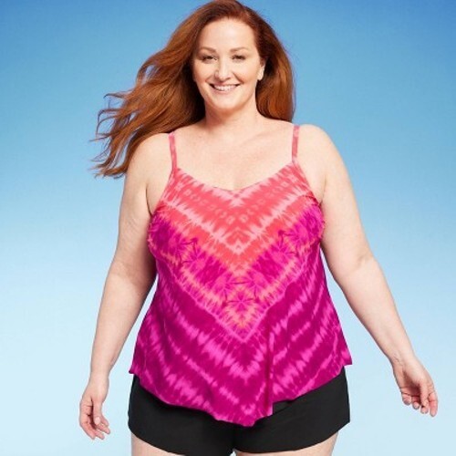 Women's UPF 50 V-Neck Angled Tankini Top Aqua Green 1x PLUS Purple Tye Dye #jv23