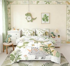 Kids Cute Dinosaur 7 Piece Bedding Set Twin Size Cartoon Green Dinosaur Comfo...