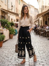Anthropologie Black Smocked Waist Embroidered Paisley Wide Leg Pants Size Medium