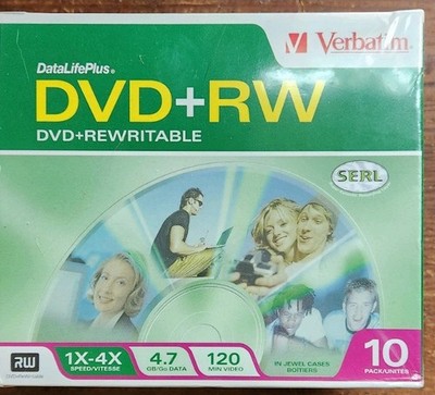 NIB Verbatim DVD+RW Rewritable 10 Discs in Jewel Cases 1x-4x Speed 4.7GB