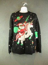 Tipsy Elves Sweater Mens Large Black Santa Unicorn Ugly Christmas Holiday Space