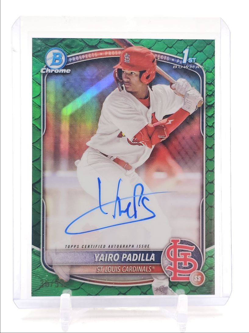 YAIRO PADILLA 2025 BOWMAN CHROME 1ST GREEN REPTILIAN CARDINALS AUTO /99 Q2754