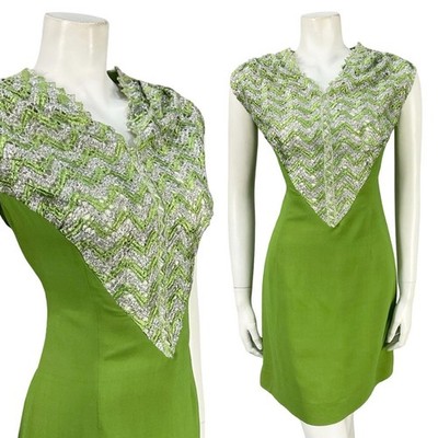 VINTAGE 60ER 70ER GRÜN SILBER MOD SPACE AGE CHEVRON ZICK ZACK SPITZE SUPER MINIKLEID 12