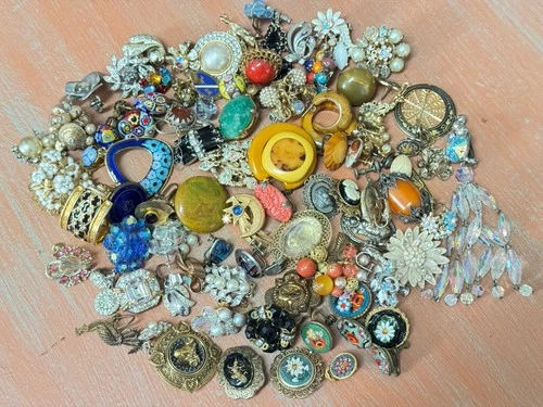 Vintage SINGLE Earrings Lot Rhinestones Micro Mosaic Enamel Murano Bakelite +