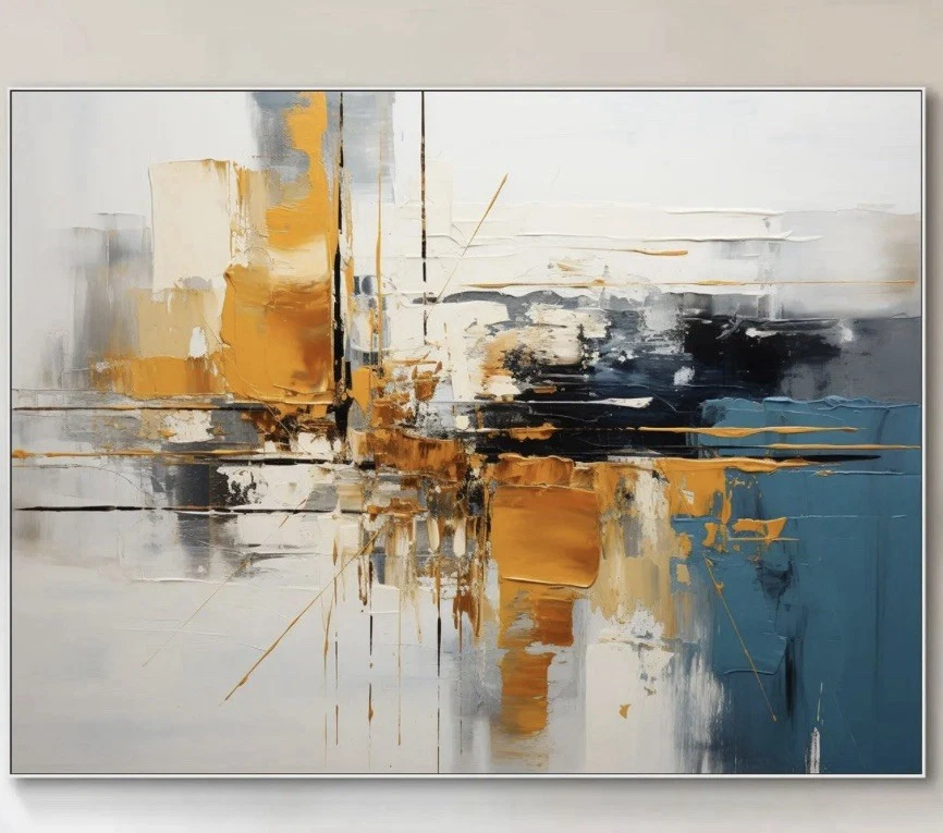 Original Abstract Painting Yellow Textured Art Blue Black White on Canvas Signed - Image 3 of 4