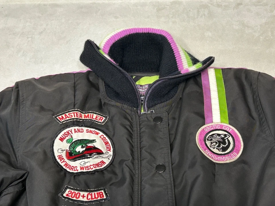 Traje de moto de nieve Arctic Cat vintage de los años 70 verde púrpura blanco negro pequeño con parches Foto 2 de 4