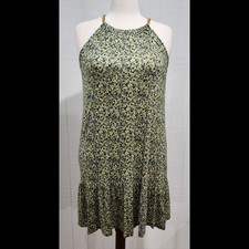 Michael Kors Chain Neck Shift Dress Sz Large Tiered Yellow Blue Floral Back Zip
