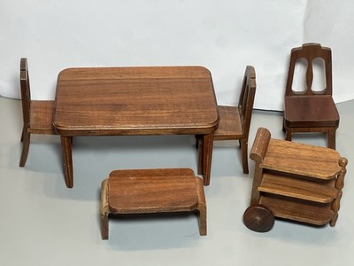Vintage StromBecker Playthings Walnut Dollhouse Furniture Lot Tables Chairs Cart