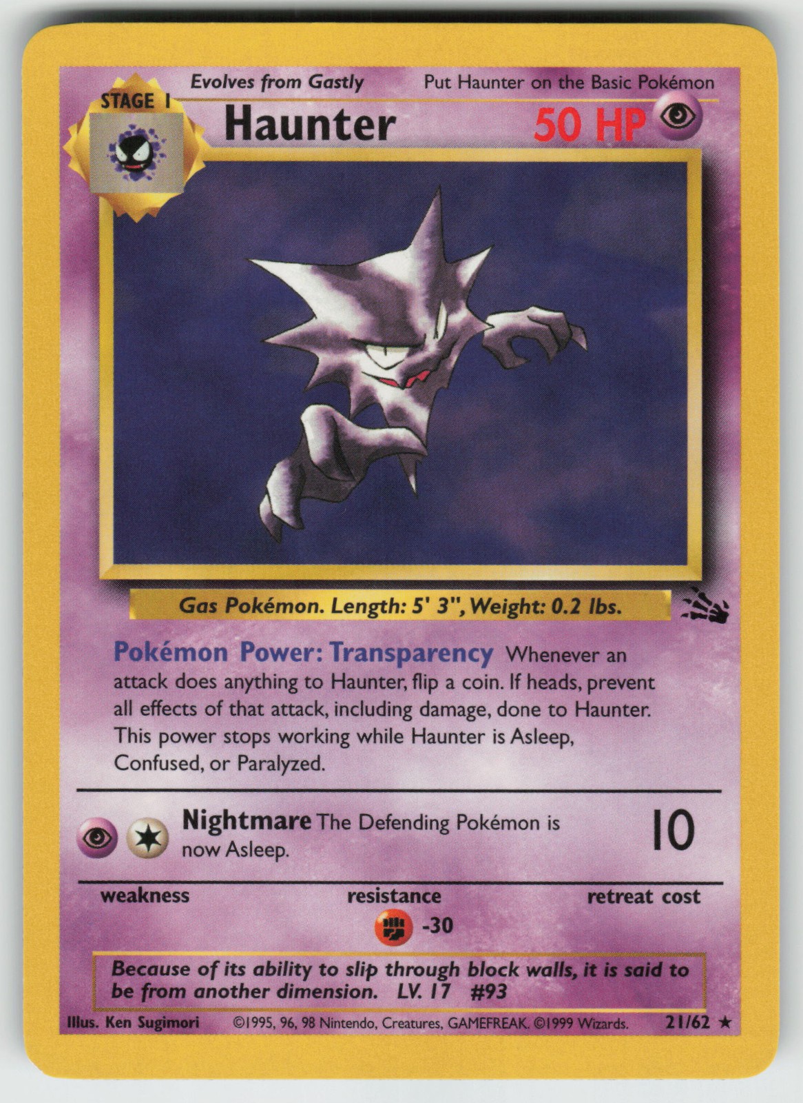 Pokemon Haunter (21) Rare Unlimited Fossil 21/62 NM