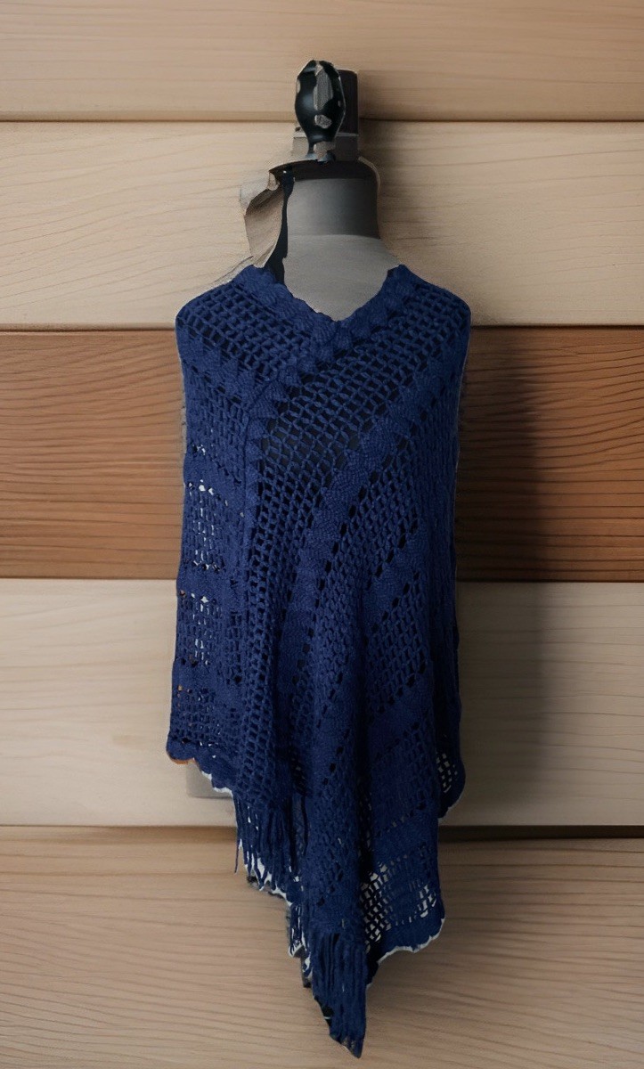 Venice Blue Knit Boho Poncho, Beautiful Blue, One Size M-XL