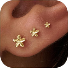 3 Pair Tiny Flat Back Earrings for Women - 14K Gold/White Gold Plated Cute Small