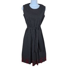 Vintage 90s Black Polka Dot Fit Flare Dress Red Floral Womens S Pinup Retro
