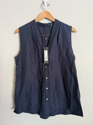 Kobi Halperin Women s M Button Up Top Linen Blend Sleeveless Dark Blue V Neck