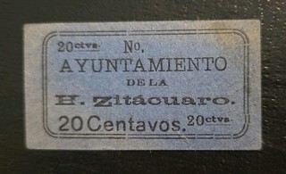 Mexico Catalog #M2953a ND Zitacuaro Michoacan 20 Centavos Circ. Banknote