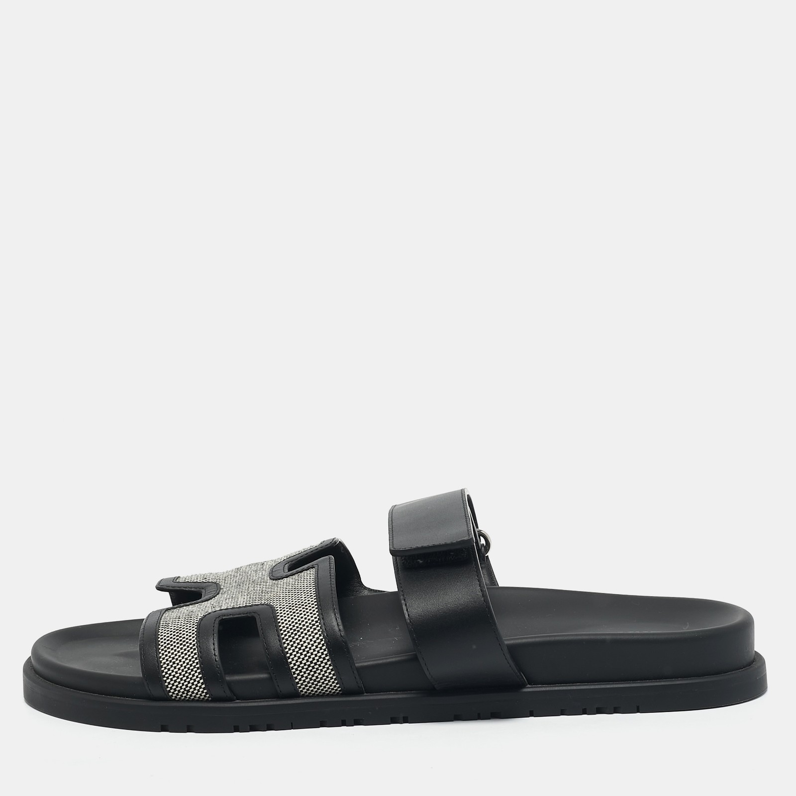 Hermes Black/White Leather and Canvas H Maxi Chypre Flat Sandals Size 45.5
