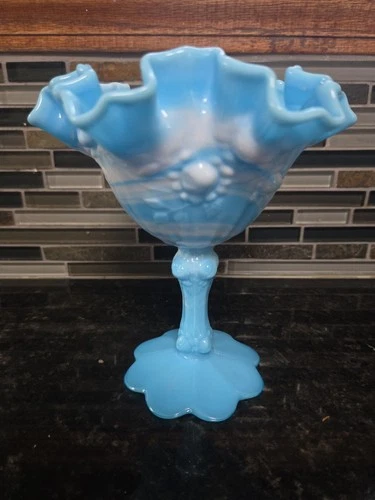 Fenton Blue & White Candy Dish Slag Glass Swirl Button Trellis Ruffle Edge