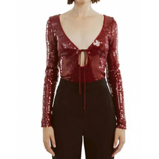 Bardot Verona Sequin Bodysuit Burgundy S / US 4 Plunge V Neck Open Back NWT