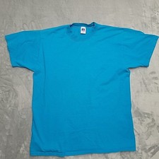 Vintage Russell Shirt Mens Large Blue Blank Crewneck 100% Cotton Made in USA TEE