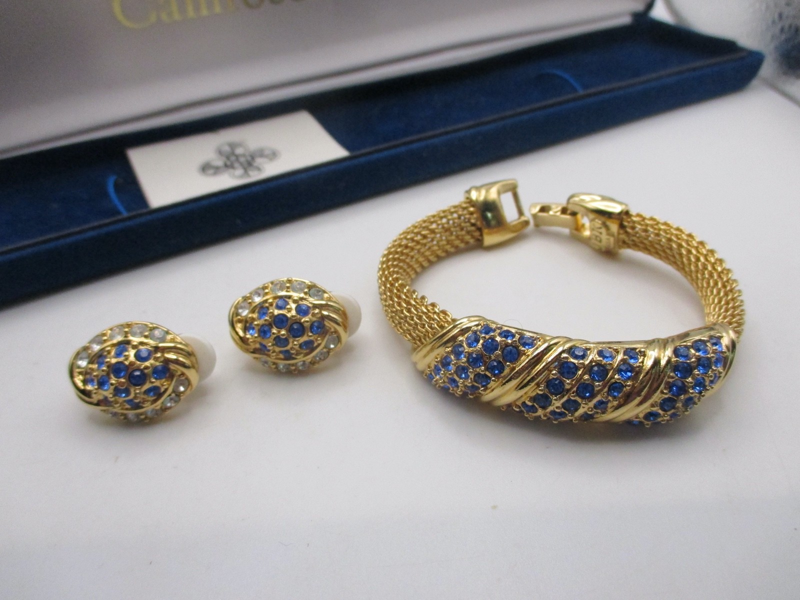 VTG Camrose & Kross JBK Blue Rhinestone Mesh Bracelet w/Matching Earrings NIB