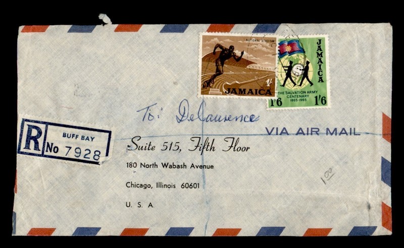 DR WHO 1965 JAMAICA REGISTERED BUFF BAY AIRMAIL TO USA 1.60 R28728