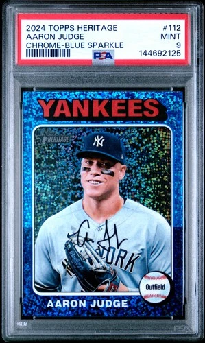2125 Aaron Judge 2024 Topps Heritage Chrome #112 Blue Sparkle Refractor PSA 9