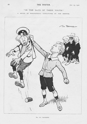 Tom Browne Eugen Sandow Karikatur in seiner Jugend - antiker Comic Druck 1902