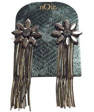 NEW NOIR ANTIQUE GOLD TONE LINEAR FRINGE CHAIN DAISY FLORAL CRYSTALS EARRINGS