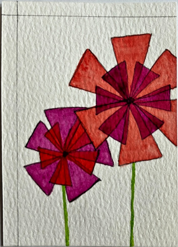 Original ACEO Geometric Floral Watercolor Painting Pink Orange Flowers OOAK